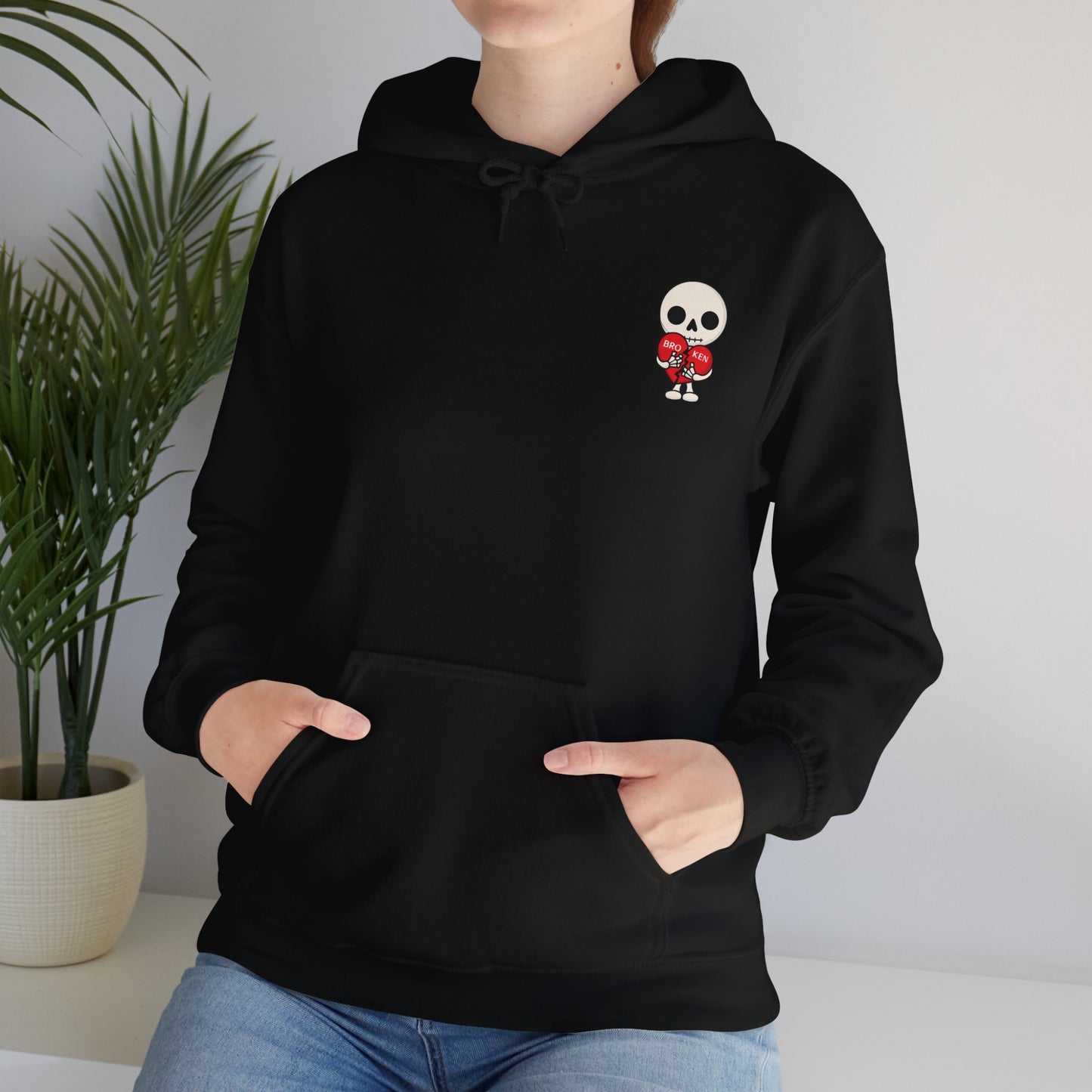 Broken, Hooded Sweatshirt with Cute Goth Skeleton and 'Broken' Heart Design