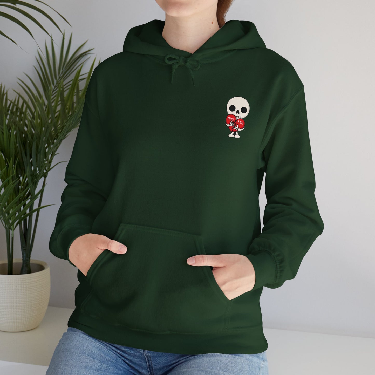 Broken, Hooded Sweatshirt with Cute Goth Skeleton and 'Broken' Heart Design