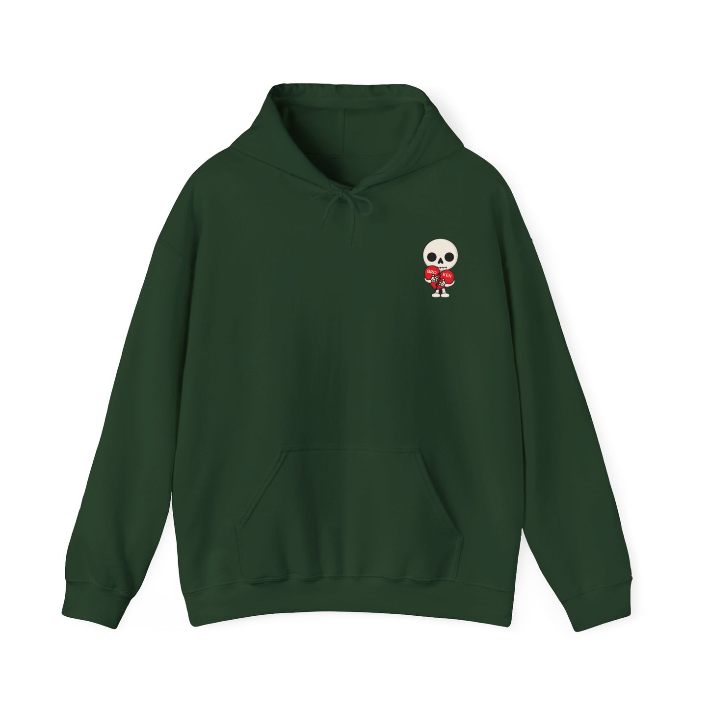 Broken, Hooded Sweatshirt with Cute Goth Skeleton and 'Broken' Heart Design